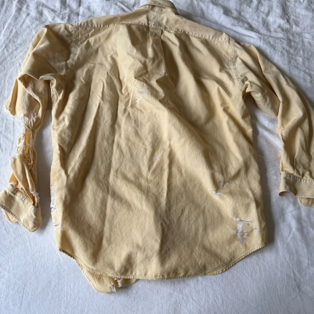 Polo Ralph Lauren Benford Silk Cotton‎ Shirt Yellow Distressed Thrashed Mens L